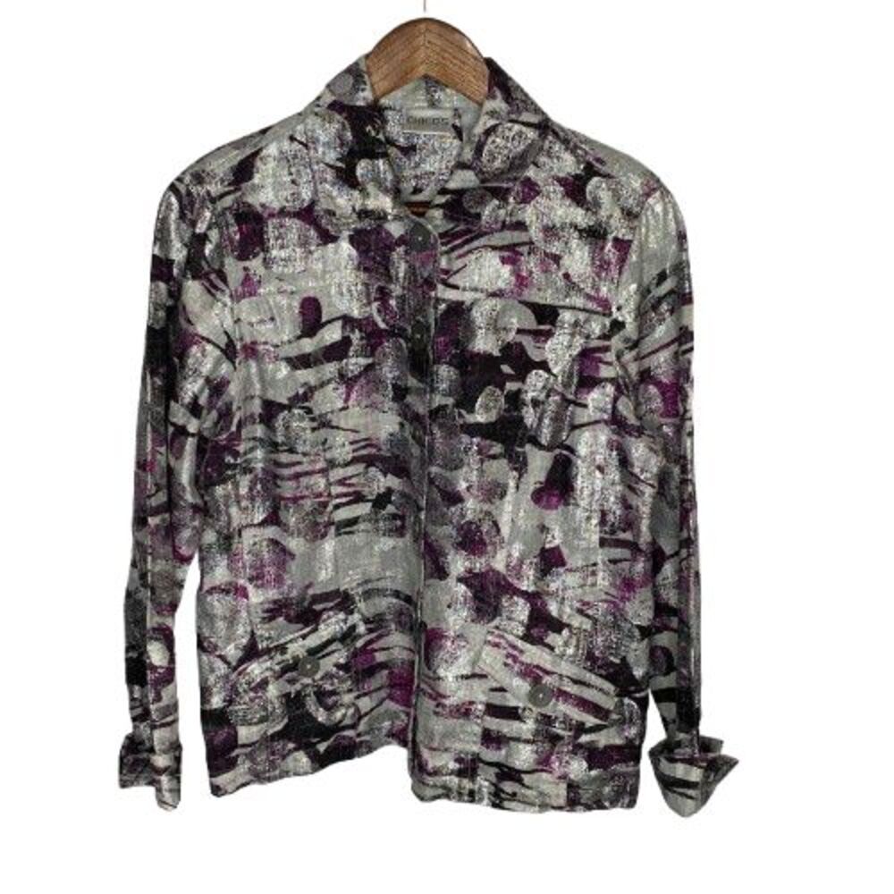 Chicos Women Artsy 100% Linen Blazer Jacket Size M Purple Grey Metallic Abstract
